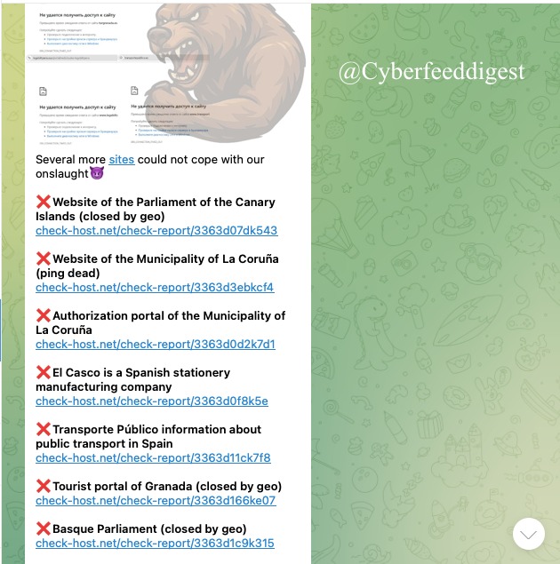 cyberfeeddigest's tweet image. “The pro-Russian group #NoName057 targeted #Spain websites with #DDOS attacks: 
❌Parliament of the Canary Islands 
❌Municipality of La Coruña 
❌El Casco stationery 
❌Transporte Público 
❌Tourist portal of Granada 
❌Basque Parliament”