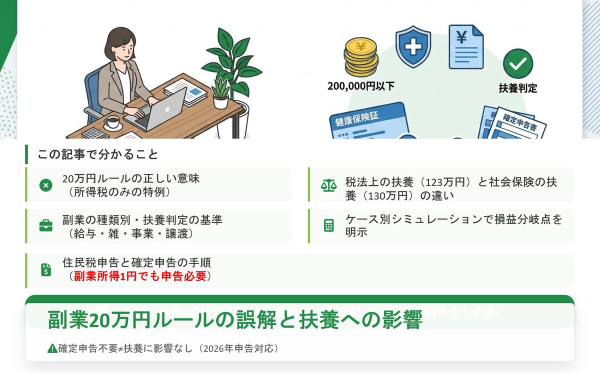 nipreoyakata's tweet image. 🔥副業20万円以下は申告不要？その認識が危険🔥な理由

副業20万円以下でも扶養から外れる可能性大！
配偶者控除123万円・社保130万円の壁に副業収入も含まれます。
住民税は1円でも申告義務あり。

詳しくはコチラ↓
taxlabor.com/fukugyo-fuyo-2…

#副業 #扶養 #確定申告 #年収の壁 #税金 #2026年