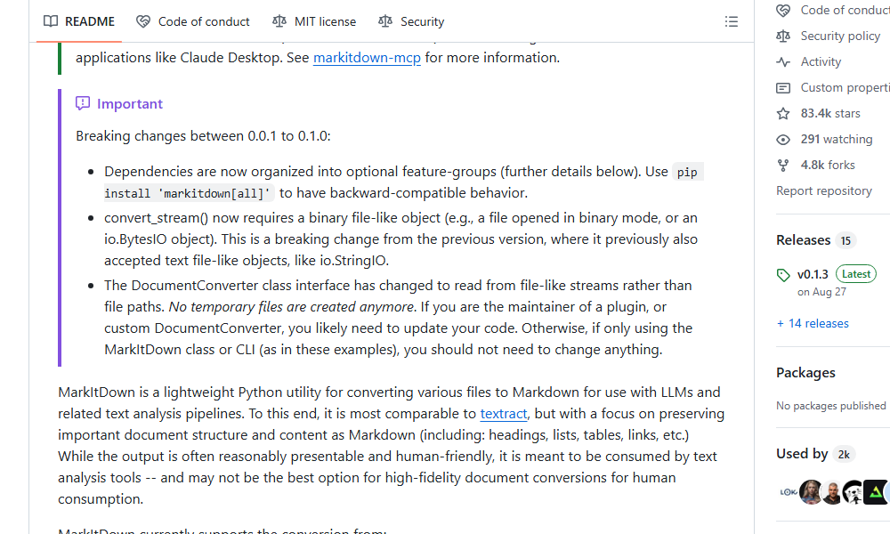 clxymox's tweet image. 🐍 markitdown
⭐ 83,425 stars

&quot;Transformez vos documents en Markdown avec MarkItDown, l&apos;outil intelligent et performant...
#GitHub
