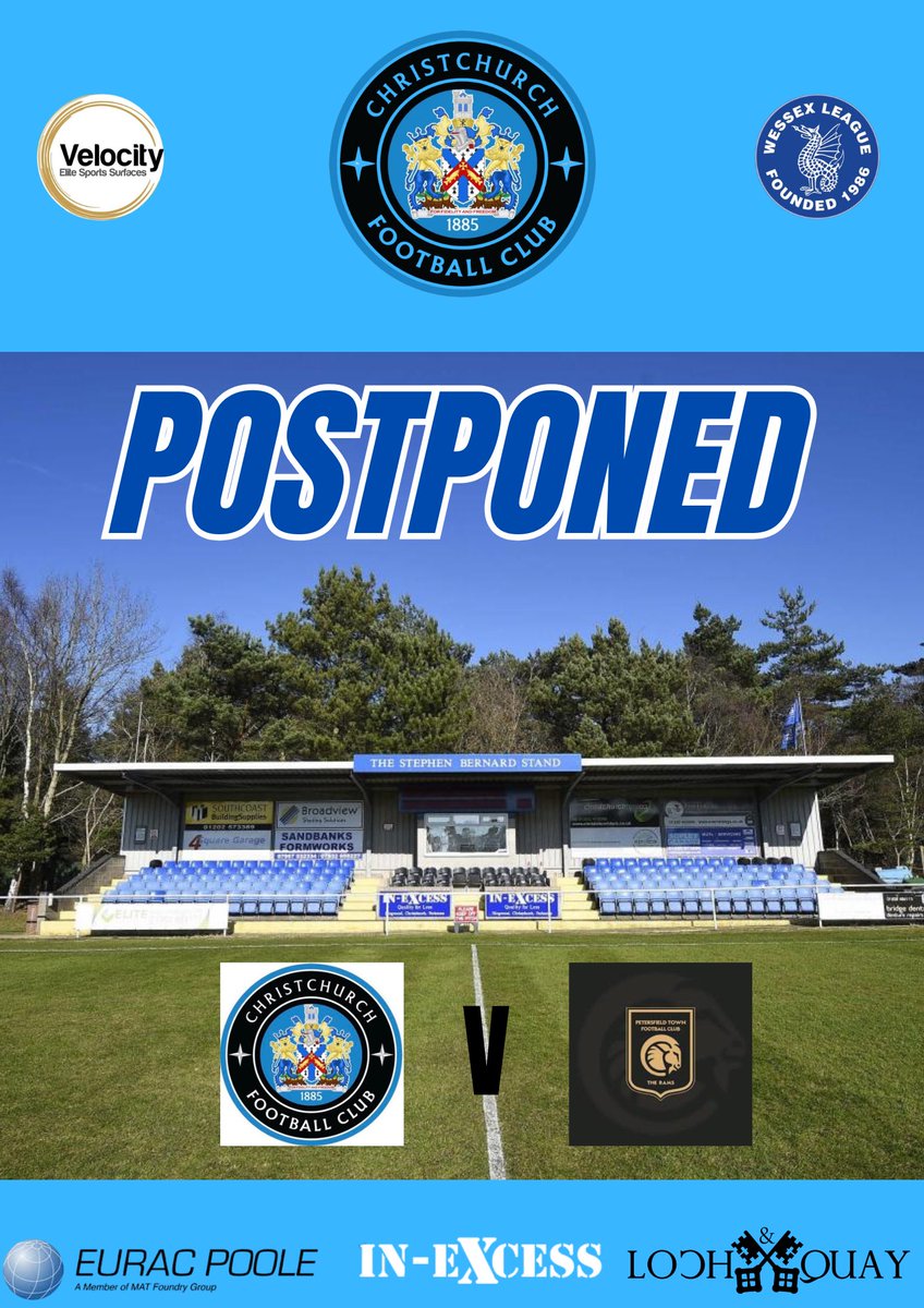 Well lads, it looks like you’re Christmas shopping or putting your tree and decorations up today, as the wet weather has won again 😢

Following a pitch inspection, this afternoon’s fixture has been postponed.

#UpTheChurch 

<a href="/WessexLeague/">Velocity Wessex League</a> <a href="/Lymingtontimes/">Advertiser & Times</a> <a href="/swsportsnews/">South West Sports News</a>