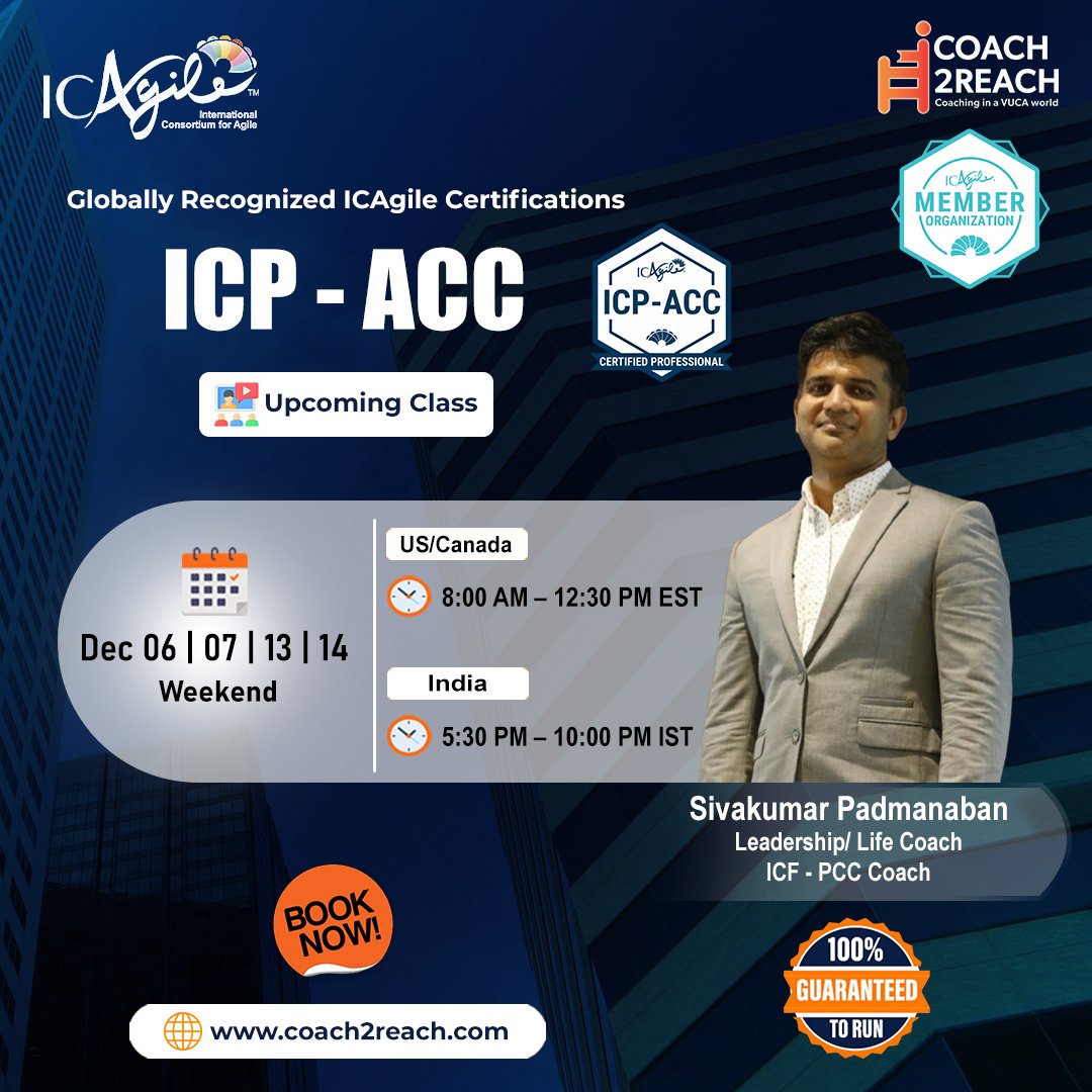Coach2Reach's tweet image. 🚀Advance your Agile coaching skills and learn how to empower individuals and teams through meaningful coaching conversations, collaboration and growth. Join our ICP-ACC course and step confidently into the role of a skilled Agile Coach.

#ICPACC #ICAgile #AgileCoach #ScrumMaster