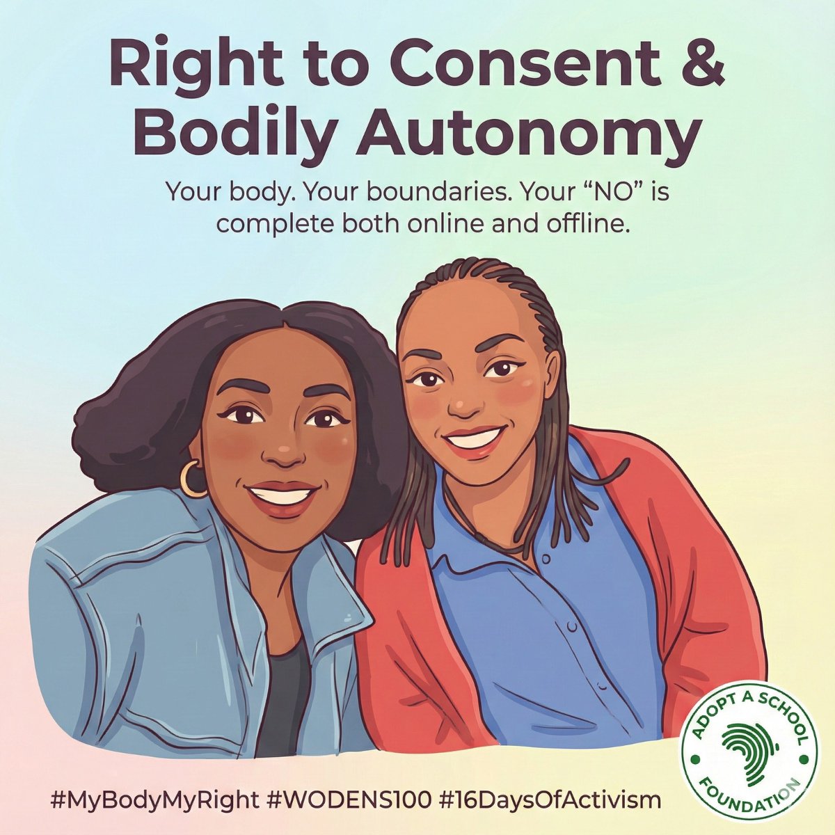 adoptschoolK's tweet photo. Your body. Your boundaries.
Your “no” is complete, online and offline. Respect is not optional.
@AntoniaSodonon @muncy_mbise
@UnKenya @AfUncensored @Marine_Gleeson  #16DaysOfActivism #WODENS100 #RespectBoundaries https://t.co/d92OFFHr6I