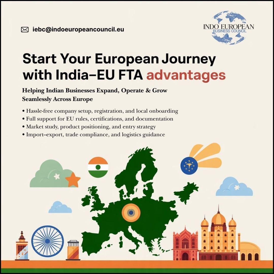 IEBC123's tweet photo. Expand your business across Europe with confidence. Indo European Business Council helps Indian companies set up in the EU, navigate regulations, and scale effortlessly — from registration to trade compliance. Email: iebc@indoeuropeancouncil.eu #IndiaEUFTA #EUExpansion https://t.co/wxv0KXrmY5