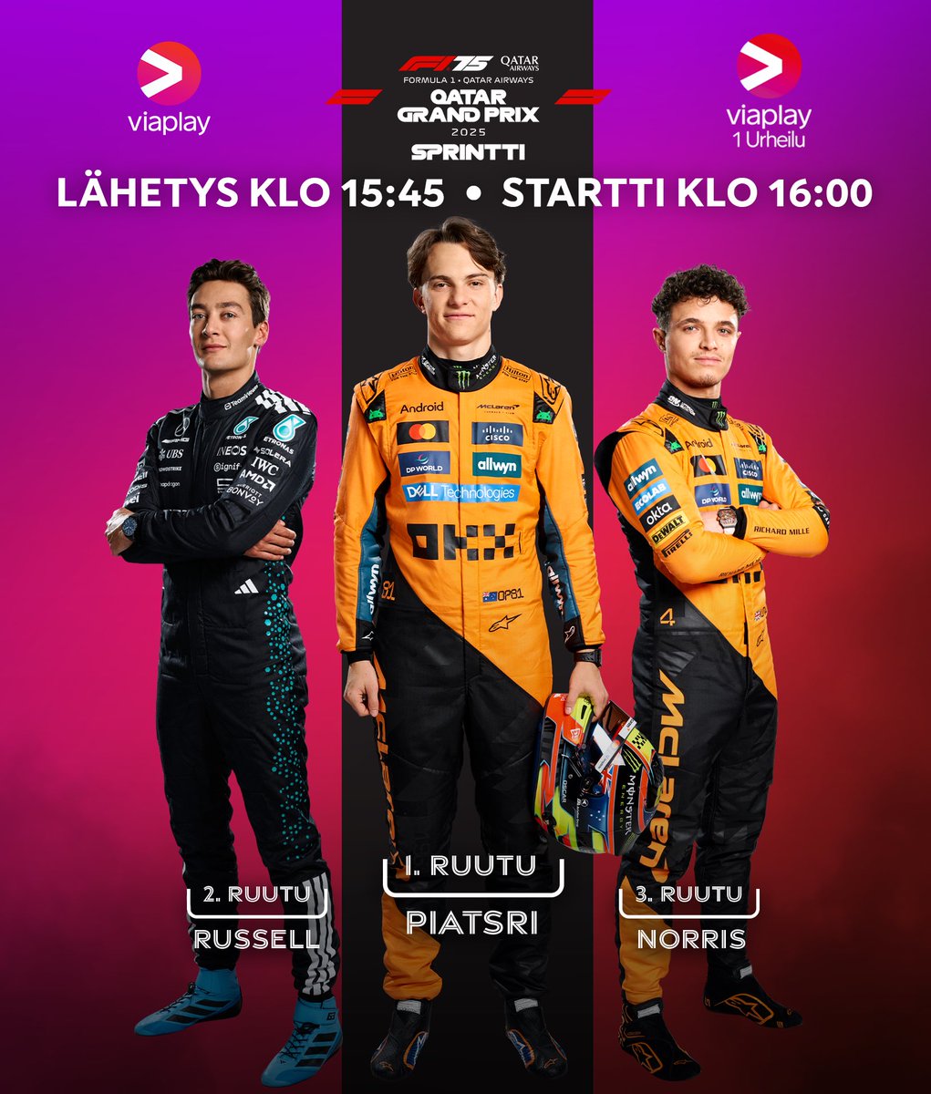 Kauden viimeinen sprinttikisa ajetaan tänään Qatarissa! ⚡️🏎️

McLarenin kaksikko lähtee ruuduista yksi ja kolme, kun puolestaan Max Verstappen oli aika-ajoissa kuudes. 

Sprintin kotisohville tulkitsevat Niki Juusela sekä Ossi Oikarinen. 🎙️

#ViaplayF1fi