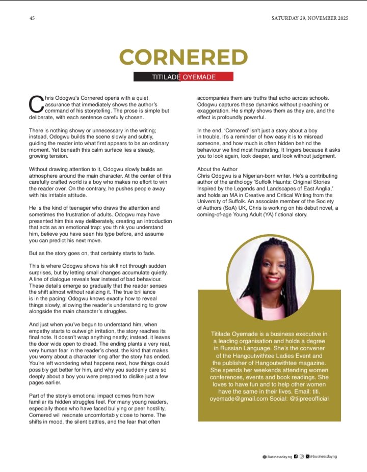 Author: Chris Odogwu
Year: 2025
Category: Short Story
Go here to read the review: businessday.ng/bd-weekender/a…