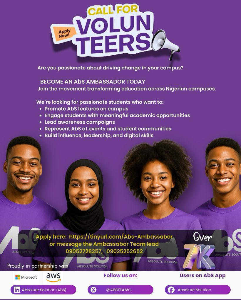 ABSTEAM01's tweet image. We’re still looking for passionate student ambassadors to join the AbS movement.

If you believe in better access to learning materials, smarter study tools, and empowering students on your campus, this is your opportunity.

Be part of the team shaping the future of education.