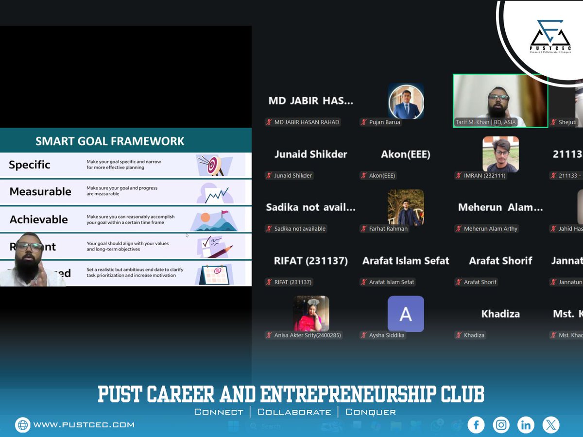 PUSTCEC's tweet photo. Empowered to shape the future! 🚀
In our Career Map Bootcamp, we had an impactful session on Smart Goal Setting &amp; Career Planning by Tarif Mohammed Khan, National Mentor &amp; Coach.
Grateful to our strategic partner YPAB for the support!
#PUSTCEC #CareerMap  #YPAB #CareerPlanning https://t.co/W1RJCPdFAJ