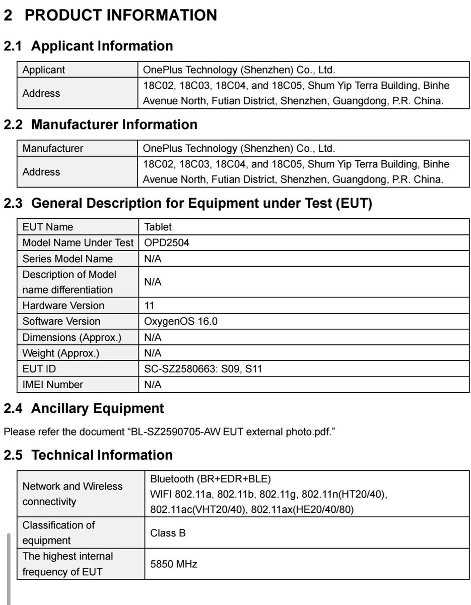 SujanTharu66's tweet image. OnePlus Pad Go 2 (OPD2504) Receives the FCC Certification

🍭Android 16-based OxygenOS 16
Bluetooth (BR + EDR + BLE)
🛜WiFi 6 with dual band support (2.4GHz + 5GHz)
💾8GB/256GB
Colour:Shadow Black and Purple
#oneplusPadGo2 #oneplus