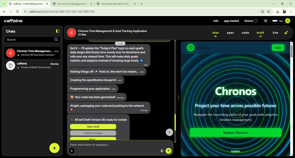 WarMachine_911's tweet image. 1️⃣ First off, Chronos started as a simple idea:
A clean timer app built fully with @caffeineai during the ICP Hub Nigeria Promptathon.
Caffeine handled the logic, UI, and deployment so smoothly that I ended up taking 2nd place for Most Polished UI.
But the real win? The lessons.
