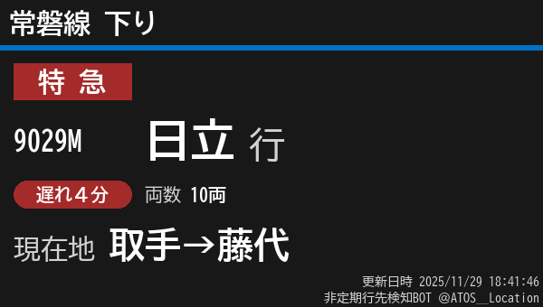 ATOS_Location's tweet image. 【非定期】常磐線 下り
列車番号: 9029M
種別: 特急
行先: 日立