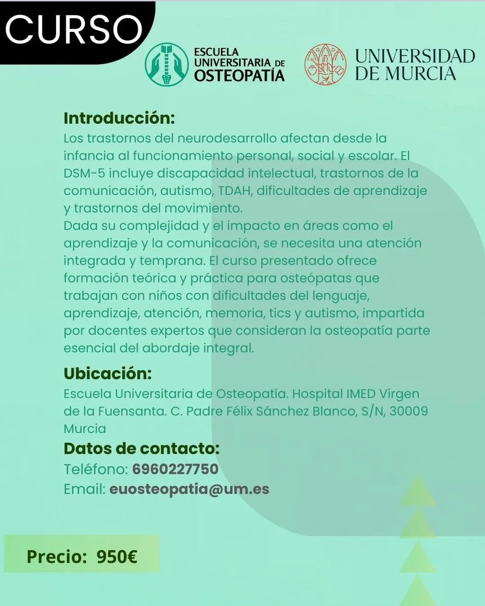 Este curso que van a impartir en <a href="/IMEDHospitales/">IMED Hospitales</a> parece ser, según el cartel, que está avalado por la <a href="/UMU/">Universidad Murcia</a>.
Este tipo de terapias sin evidencia científica nos hacen perder tiempo y dinero a las familias de niños con trastornos del neurodesarrollo. Por favor, basta ya.