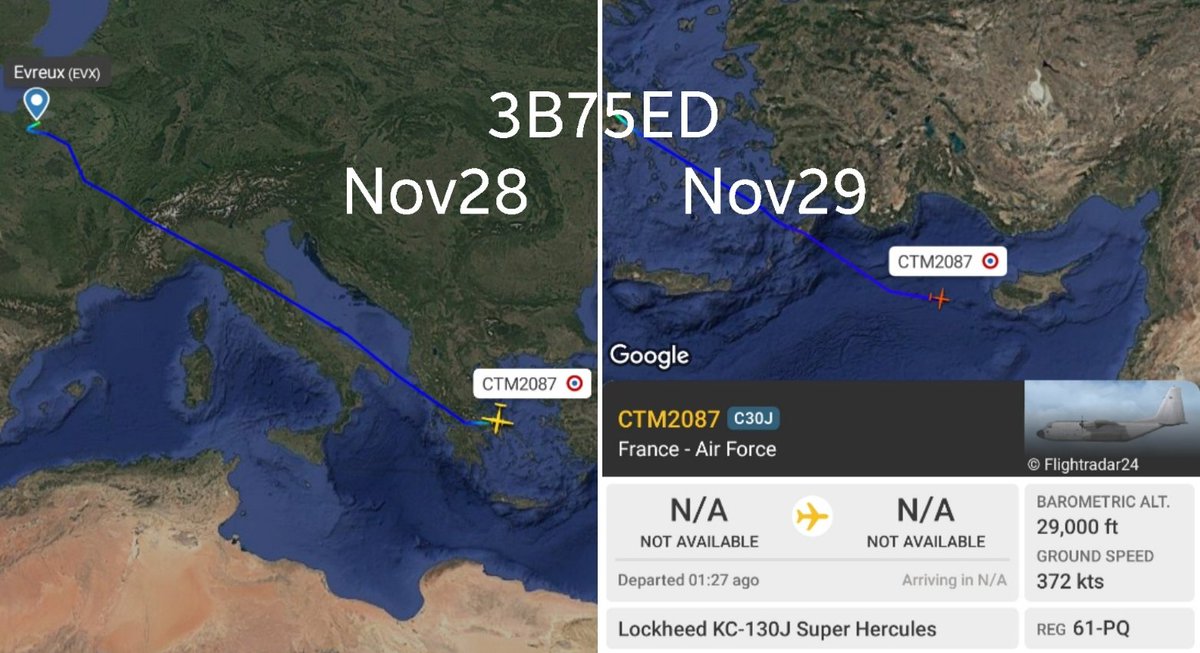 LebanonJets's tweet photo. #France C130 #61PQ 382-5874 #FRAPQ #3B75ED Friday left Evreaux Fauville AirBase to Tanagra AirBase Greece for the night, today into Beirut & onwards back to Evreaux as #CTM2087 track surprisingly fully public. Last French C130 was on Sep23 & has no ADSB modeS track https://t.co/tvxdhpg93z