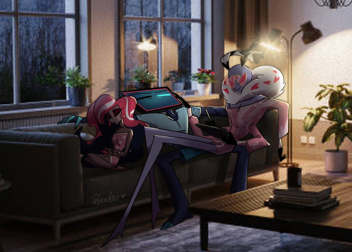 parad0x_art's tweet image. Thank you to everyone who has sent well-wishes, it means a lot! My siblings and I have gotten home safely!

Wanted to draw a cozy Vees sleep-on-couch scene because this is literally me and my lil bro/sis after getting home haha &amp;lt;3
#HazbinHotel #HazbinHotelVees #staticmoth