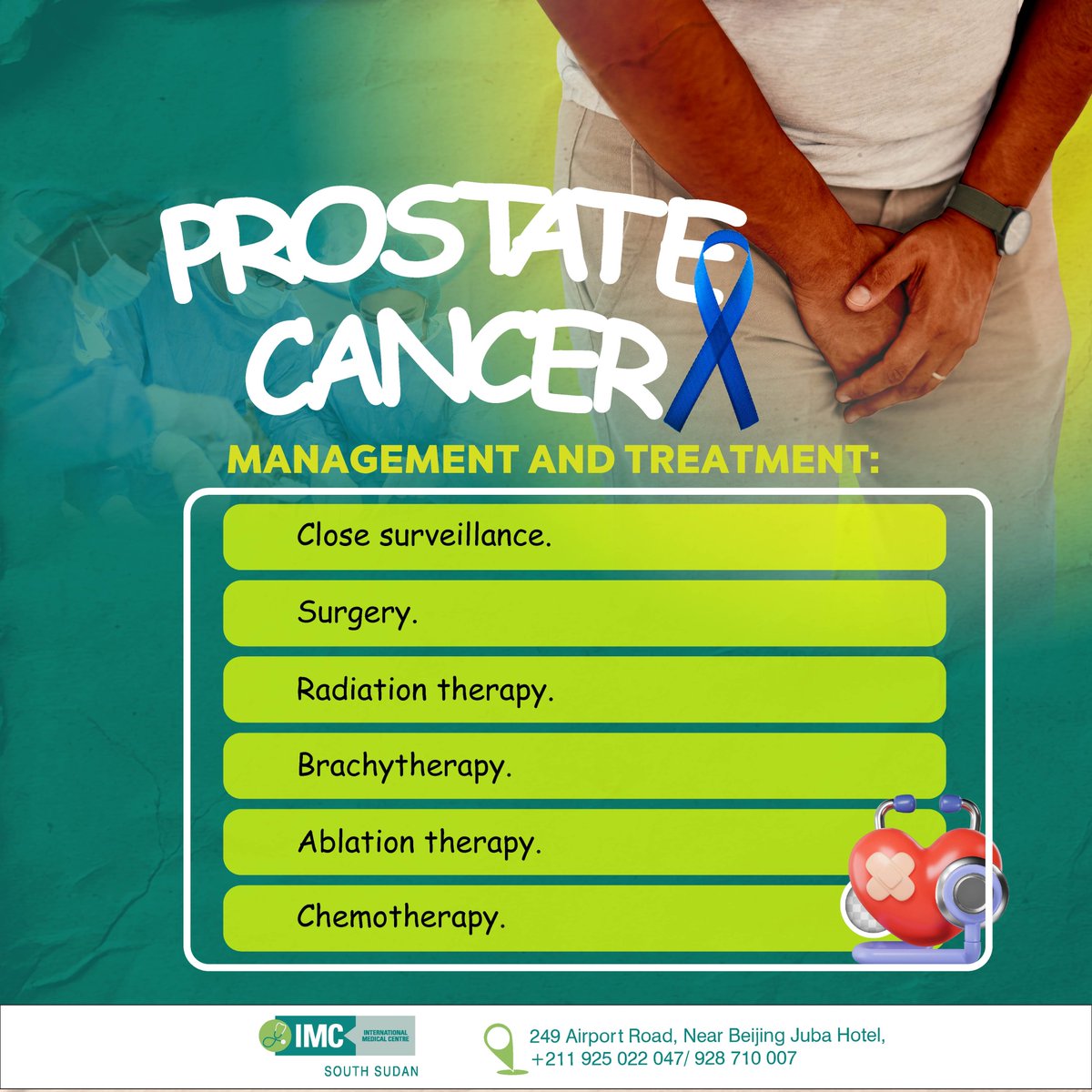 ImcSouth's tweet photo. Which aspect of prostate cancer care would you like to learn more about: screening, symptoms, or treatment options?
Join the conversation and help raise awareness, OR meet our professional medical team at IMC South Sudan.
#Healthcare #Awareness #ProstateCancer https://t.co/MNcAr3fhia