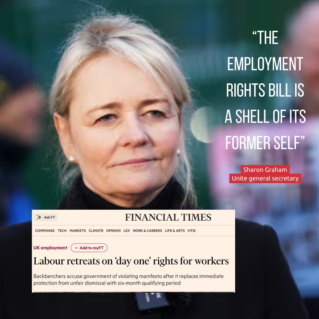 unitetheunion's tweet photo. Zero hours was supposed to banned.
Fire and rehire was supposed to be banned.
Workers were supposed to have full rights from day one.
"The Employment Rights Bill is already unrecognisable. These constant row backs will only damage workers’ confidence that the protections promised will be worth the wait. Labour needs to keep its promises”
@UniteSharon