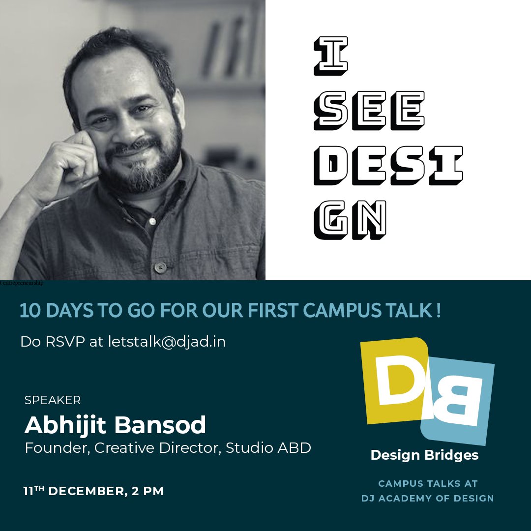 DJADdesign's tweet image. 10 Days to Go!
We’re excited to host Abhijit Bansod, Founder &amp;amp; Creative Director of Studio ABD, for an inspiring talk titled “I See Desi, I See Design!” on 11th December 2025 at 2 pm at DJ Academy of Design, Coimbatore.