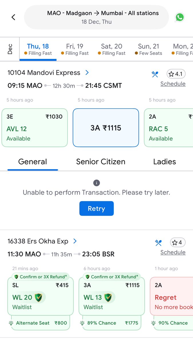 RajSingh_2904's tweet image. @IRCTCofficial @ixigotrains Why is the app showing “Unable to perform transaction” even when seats are available? Passengers are losing time because of system failures. Request immediate resolution. #IRCTC #FixTheSystem