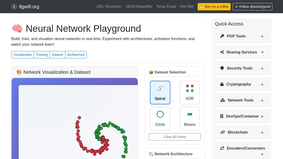 anish2good's tweet image. Explore the interactive Neural Network Playground! Build, train, and visualize deep learning models directly in your browser. 🚀 Try it here: 8gwifi.org/neural_network… #Networking #NetworkEngineering