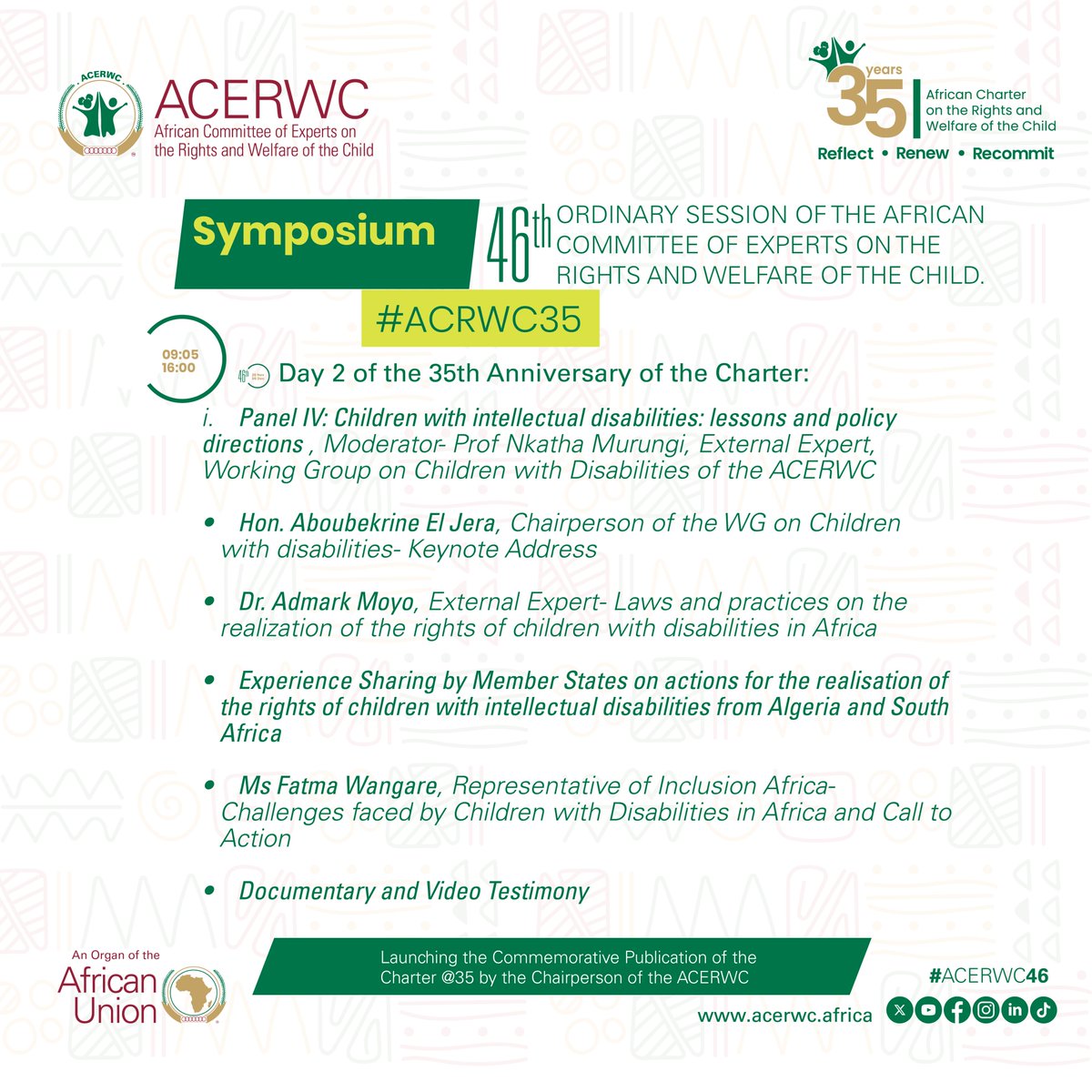 acerwc's tweet image. Day 2 of #ACRWC35 Symposium on the 35th Anniversary of the Charter:

Panel IV: Children with intellectual disabilities: lessons and policy directions.

📽️ Watch LIVE🔴🌐🌐🔗🔗 here: youtube.com/live/dKZcz_aJd…

#ACERWC46
#AfricaFit4Children
#Agenda2040