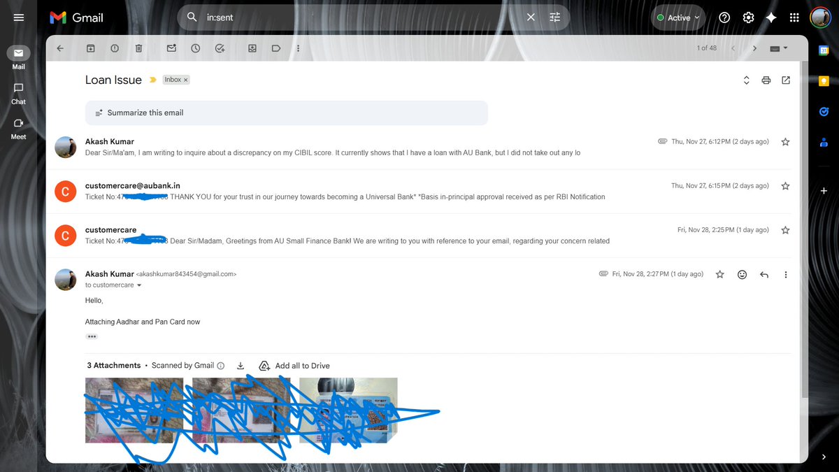 theakshrishi21's tweet image. 🚨 FRAUD ALERT 🚨
I never took any loan, but AU Small Finance Bank loan is showing on my CIBIL.
Already emailed &amp;amp; submitted Aadhaar + PAN, but still no clear answer from the bank.
This is hurting my credit score.
Requesting @aubankindia  fix this ASAP. 
#Fraudalert #CIBILissue
