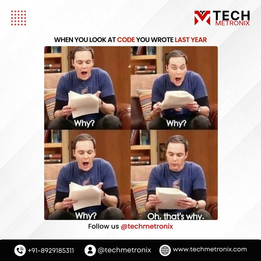 TechMetronix's tweet image. Looking at your code from last year like: “WHY??” 😭💻
But that’s how you know you’ve leveled up!
More dev humor &amp;amp; tech insights ➝ @techmetronix
#DeveloperLife #CodingHumor #TechMetronix