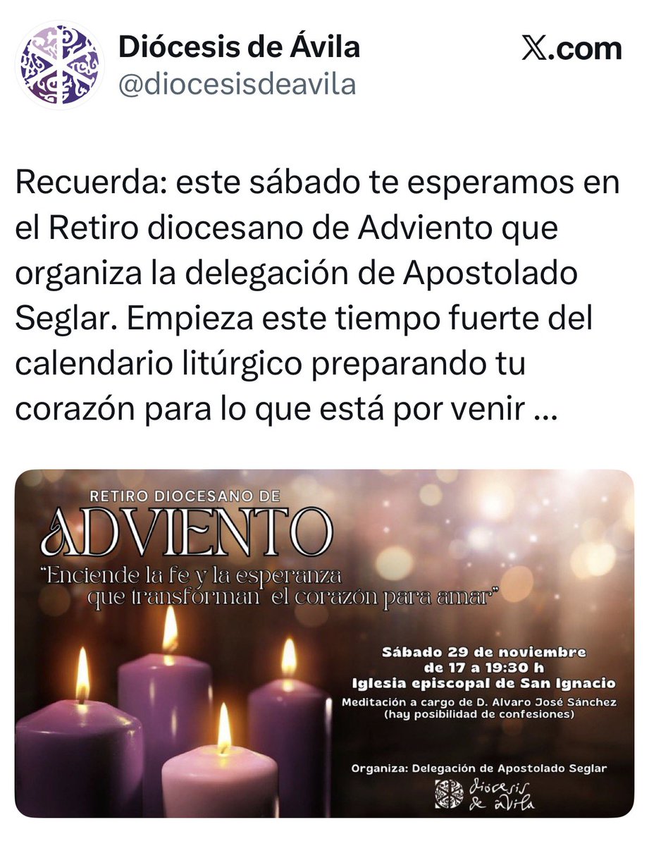 ApostSeglarAV's tweet photo. Recuerda. Esta tarde Retiro Diocesano de Adviento. Estás invitado. https://t.co/28QWo8CaOO
