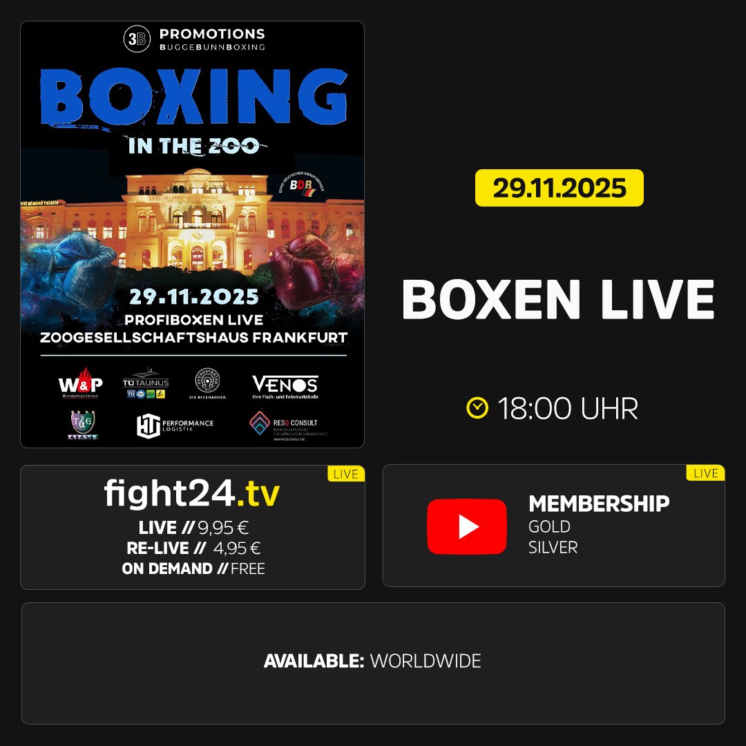 Das Frankfurter Zoogesellschaftshaus ist erneut Austragungsort von "Boxen Live". Und wie immer wartet 3B Promotions mit einer starken Fight Card auf, von der Ihr Euch ab 18:00 Uhr überzeugen könnt. #boxenlive #ffm #boxing #live #fight24
📺 loom.ly/C4pD3Vg