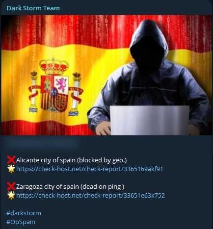 FalconFeedsio's tweet image. 🚨 DDoS Alert: 🇪🇸

Dark Storm Team claims to have targeted two websites in Spain: 

- Alicante City Council
- City of Zaragoza