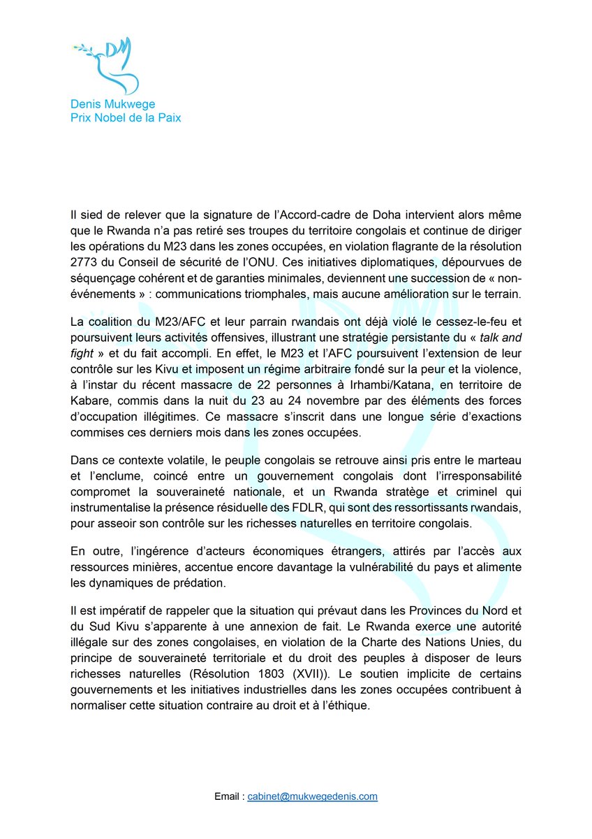 DenisMukwege's tweet image. Déclaration sur les processus de Washington et Doha 
 hypothéquant l’avenir de la #RDC 

Depuis plus de 150 ans, l’histoire du Congo se trouve façonnée par des puissances extérieures, souvent au mépris des aspirations de son peuple. Aujourd’hui encore, alors que les Congolaises…