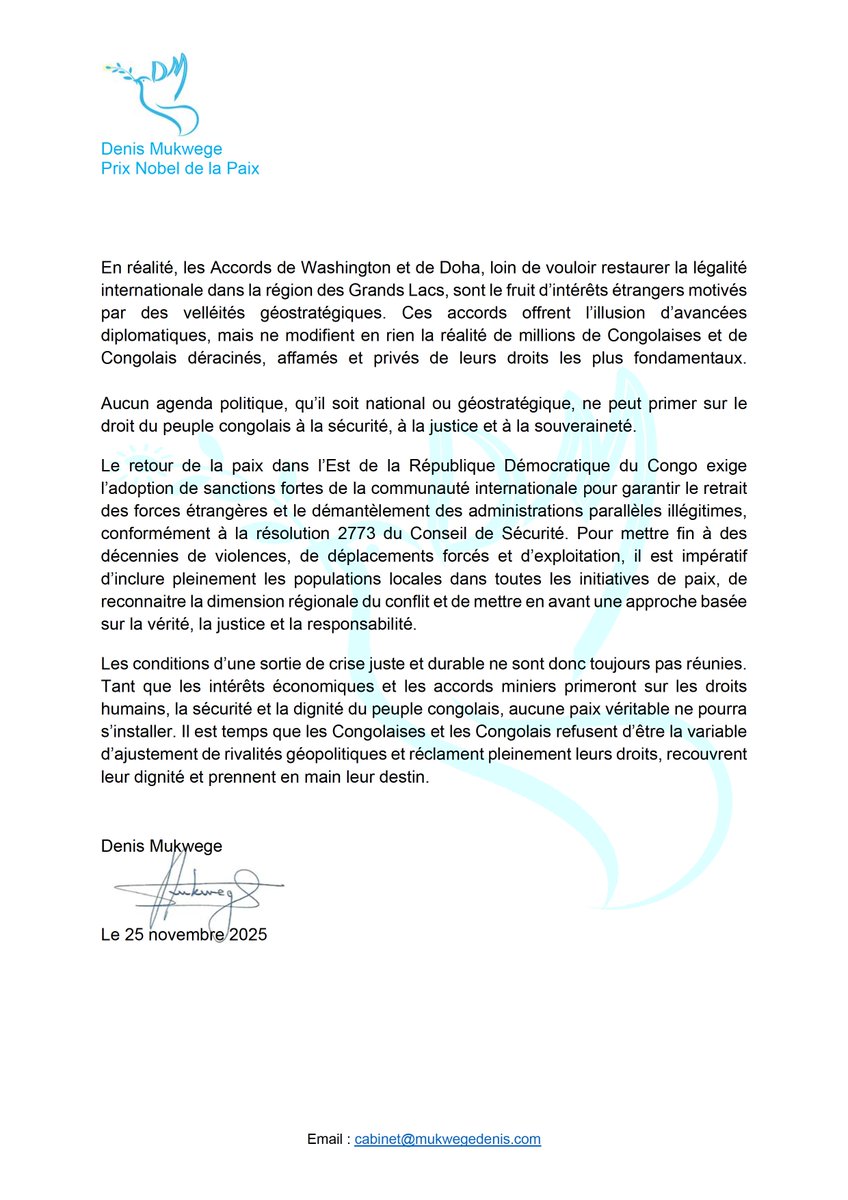 DenisMukwege's tweet image. Déclaration sur les processus de Washington et Doha 
 hypothéquant l’avenir de la #RDC 

Depuis plus de 150 ans, l’histoire du Congo se trouve façonnée par des puissances extérieures, souvent au mépris des aspirations de son peuple. Aujourd’hui encore, alors que les Congolaises…