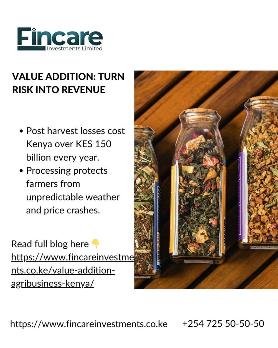 fincareinvestmt's tweet image. VALUE ADDITION: TURN RISK INTO REVENUE
Post harvest losses cost Kenya over KES 150 billion every year. Processing protects farmers from unpredictable weather and price crashes.
Read👇
fincareinvestments.co.ke/value-addition…
#ValueAddition #FoodSecurity #Agribusiness #KenyaFarmers #FoodProcessing