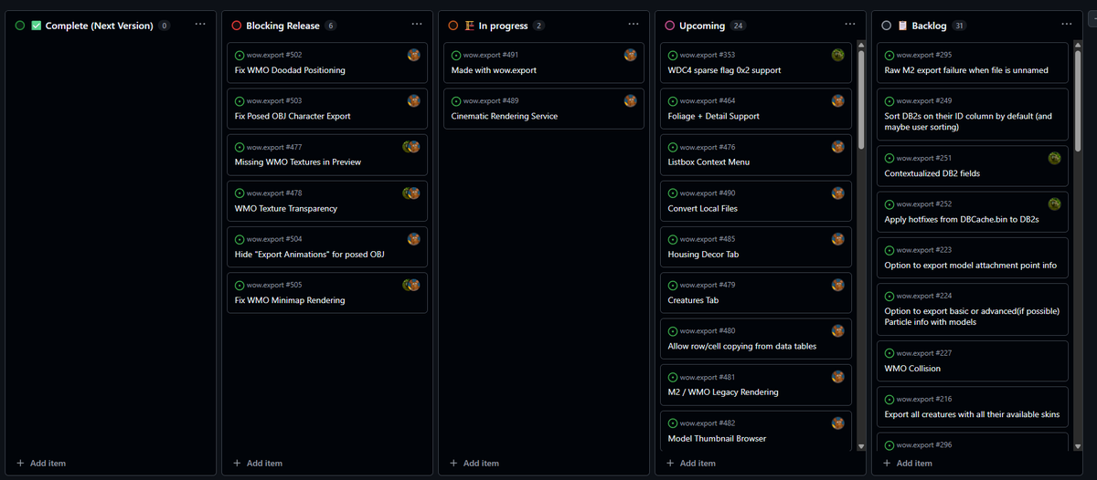 wow.export now has a public roadmap available on GitHub, so you can noodle in on what we're doing

spoilers: there's a lot of exciting stuff planned

don't see a feature you think would be cool? feel free to open an issue to suggest it!

#wow #warcraft