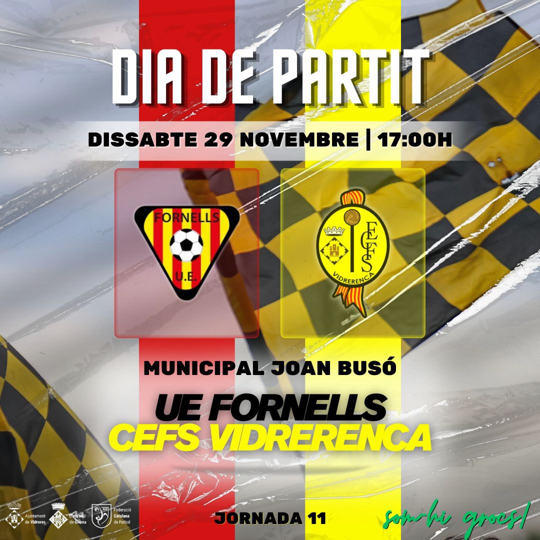⚽️ D I A   D E   P A R T I T ⚽️

🆚 <a href="/uefornells1/">UE Fornells</a> 
🏟 Camp Mpal Joan Busó (Fornells de la Selva)
🕔 17:00
👨🏻‍⚖️ Samir Achkirou Matviynko
⚔️ #2cat1

#somhigrocs