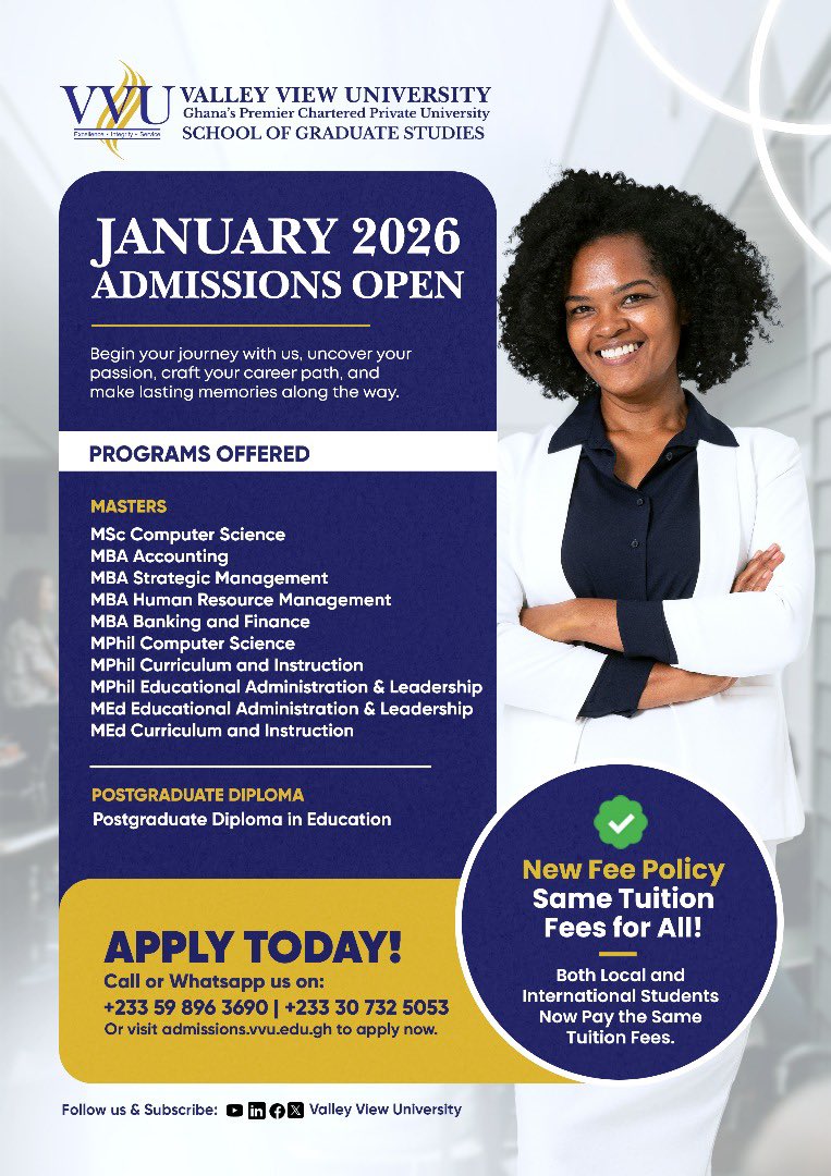 VVUniversity's tweet image. Admissions are currently open. Apply today! 

Our New fees policy: All International and Local students pay the same fees. No more dollar fees. 

Grab the opportunity and tell a friend as well 😊👍.

#VVU #valleyviewuniversity #newfeespolicy
