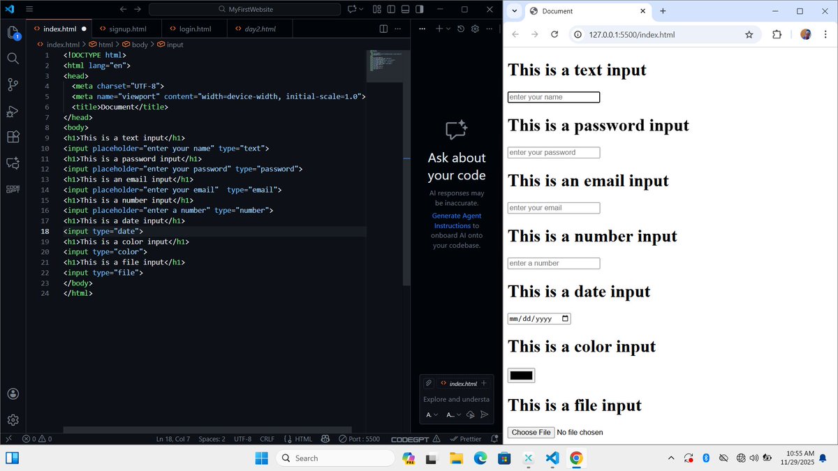 AguzieExcellent's tweet image. ust wrapped up today’s HTML practice!
Learnt how to use input types like text, password, email, date, color &amp;amp; number.

HTML almost done — CSS loading next 👩🏽‍💻✨
#WomenInTech #FrontendDev #LearningToCode