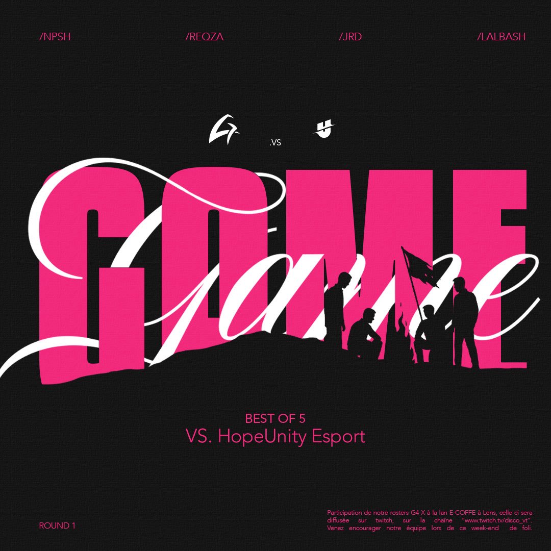 🔥 Premier match de la LAN à 11h30 !
G4 X ouvre le bal face à <a href="/HopeUnityEsport/">HopeUnity Esport</a> 💥

On veut déjà vous voir dans le chat pour envoyer de la force et mettre l’ambiance dès le début.
Let’s start strong. LAN mode ON. ⚡

📺 twitch.tv/disco_vt