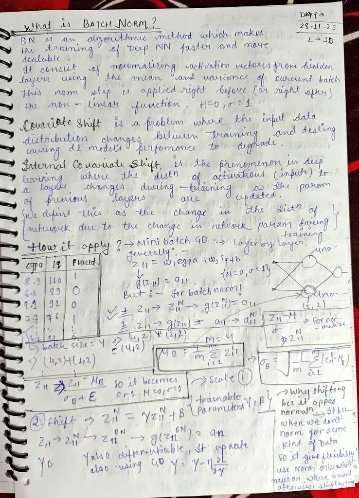 Musa_Qureshi_01's tweet image. Today, I learned Batch Normalization with deep intuition, along with an introduction to Optimizers and the EWMA concept. A hectic 4 hours, but absolutely worth it.
29.11.25
#DeepLearning #AI #NeuralNetworks #AIML #GenerativeAI #DLSeries #MLJourney #LearningInPublic #TechCommunity