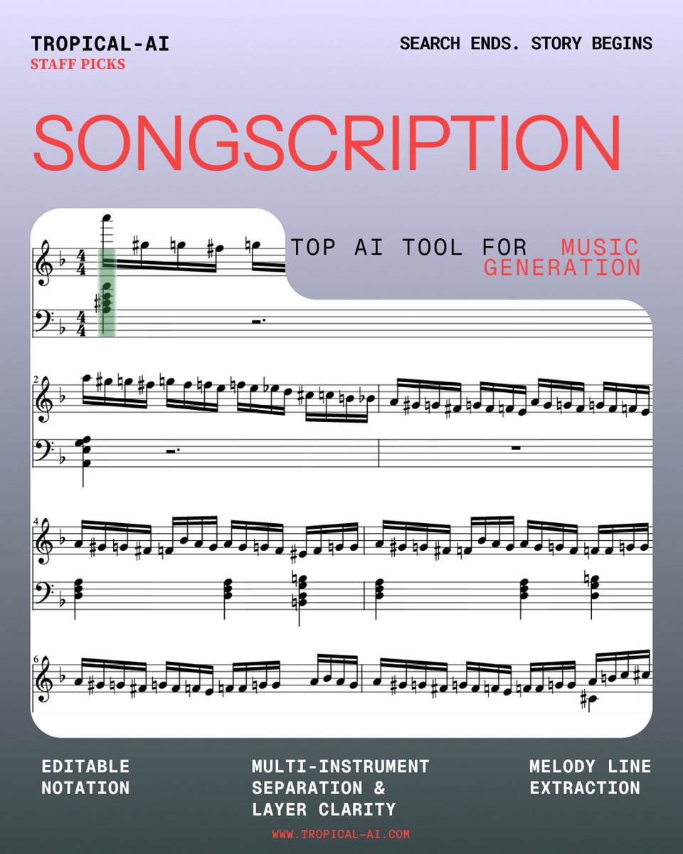tropical_ai's tweet photo. One of the top AI tools for music generation, @SongscriptionAI by @car123494349039 , Alexander Alvarado-Barahona, Katie Baker and Tim Beyer
There is a right tool for all, and you shall find it on Tropical
#foundontropical #musicgeneration #ai #aitool #toptools #music #songscription