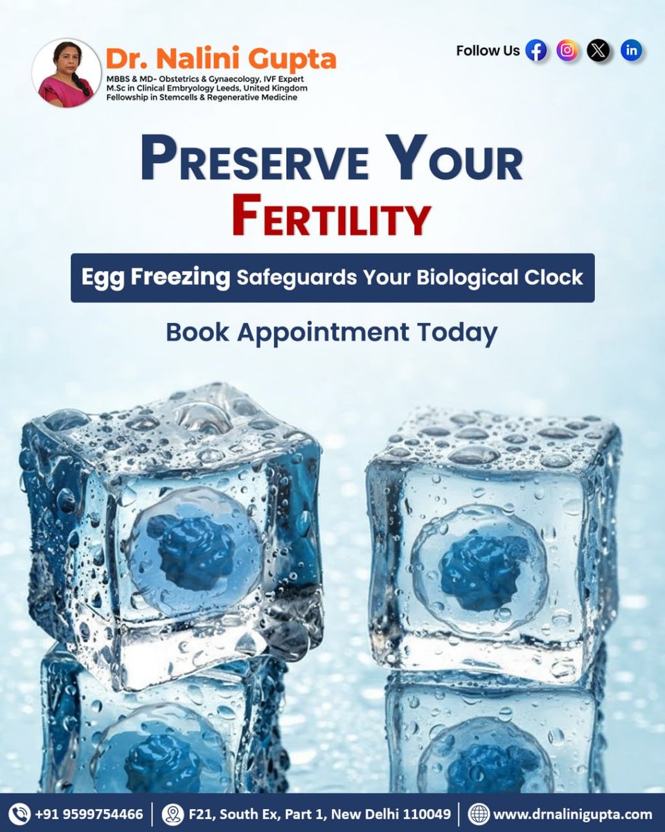Dr_NaliniGupta's tweet photo. 🧬 #Eggfreezing allows women to preserve healthy eggs at a younger age, protecting fertility from age-related decline, medical conditions, or delayed pregnancy plans.
.
.
.
.
#IVFDelhi #DrNaliniGupta #FertilityPreservation #FutureMotherhood #BiologicalClock #FemaleFertility https://t.co/JsOE3R6EuX