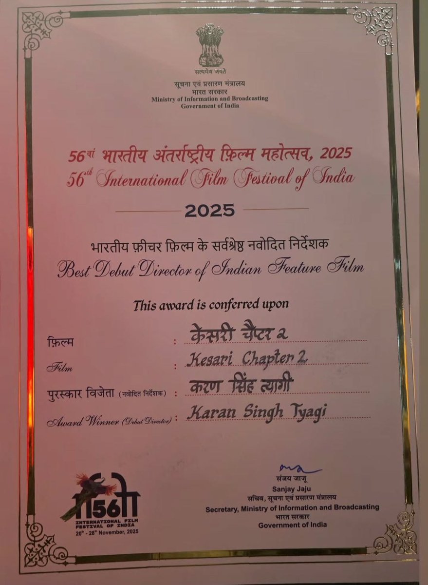 Shivam_Akkian's tweet image. Congratulations to @karanstyagi for winning the award for &apos;Best Debut Director of Indian Feature Film’ for #KesariChapter2 at #IFFI2025. 👏❤️