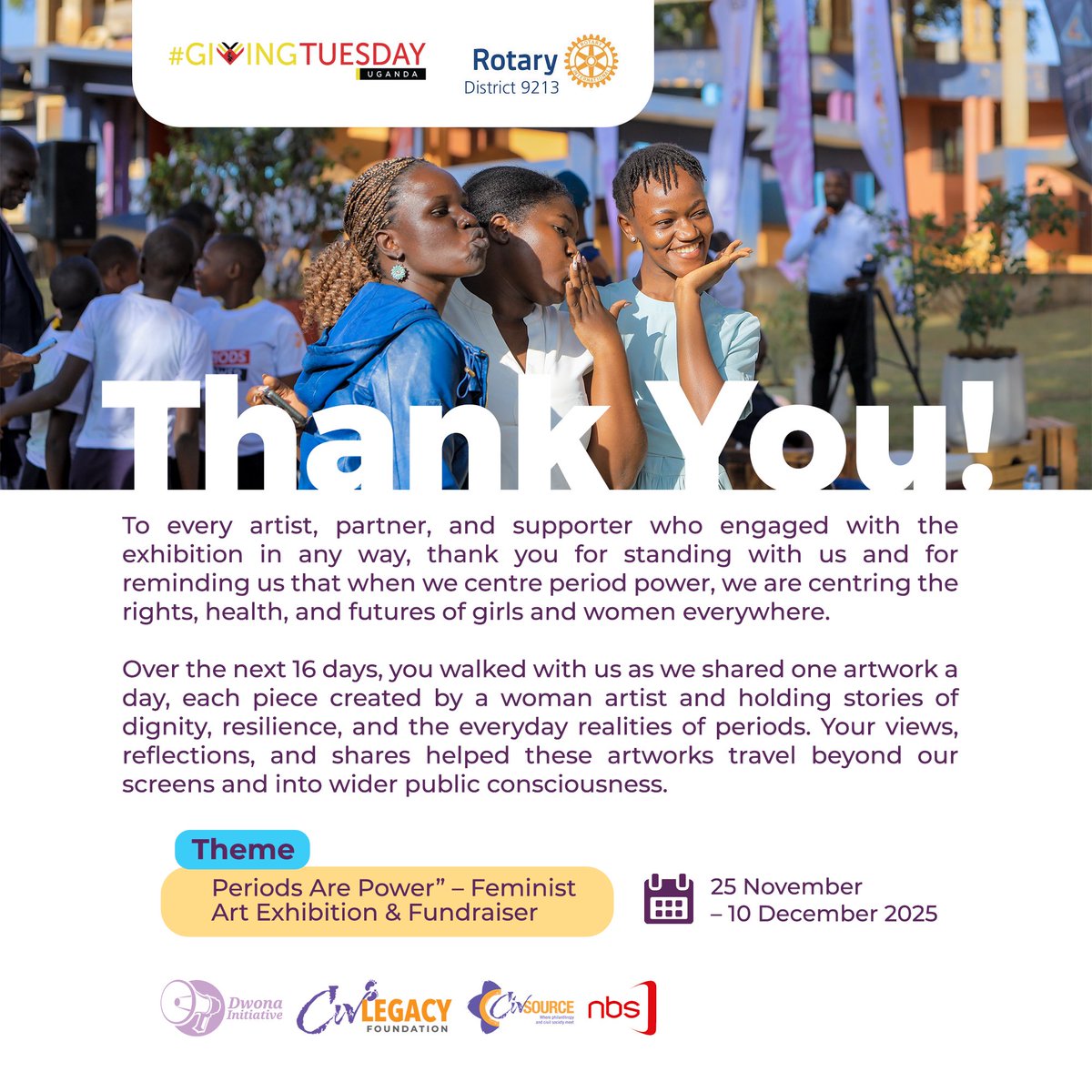 GivingTuesdayUg's tweet photo. Thank You!🙏🏾 

To every artist, partner, and supporter who engaged with the exhibition in any way, thank you for standing with us and for reminding us that when we centre period power, we are centring the rights, health, and futures of girls and women everywhere.
#periodgiving🩸 https://t.co/E6uUu6XJyC