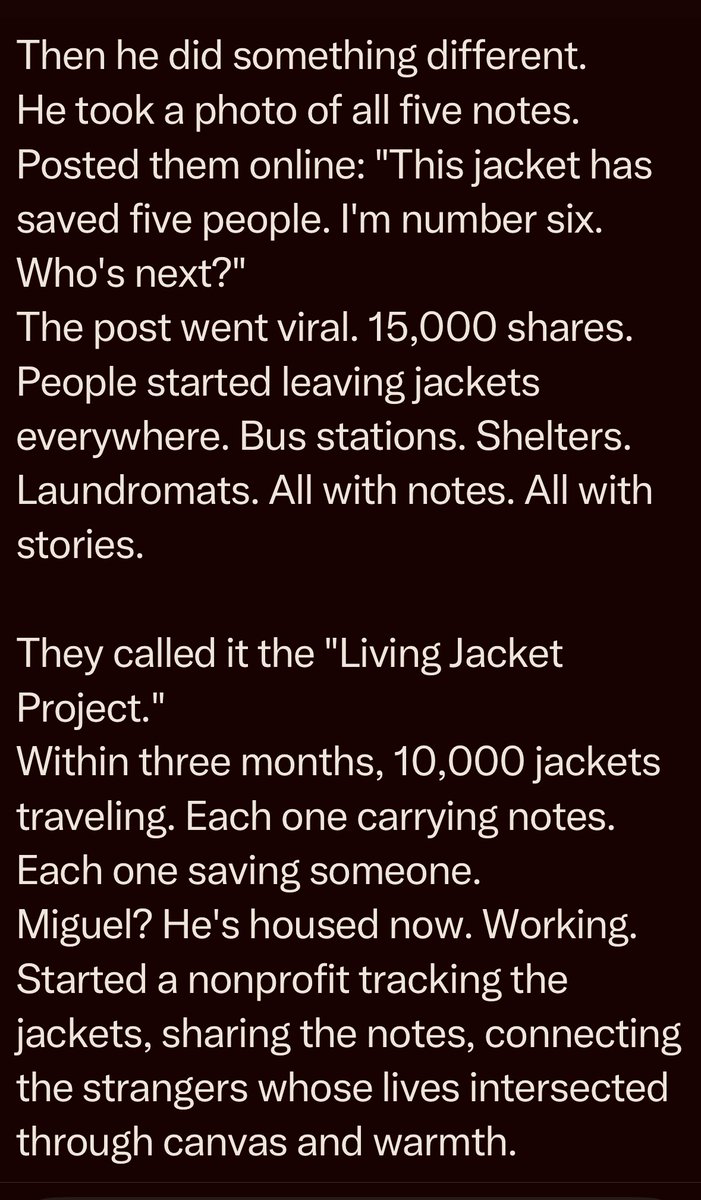 KindnessChamps's tweet photo. This🥰
"Because that's what we do. We keep each other warm. We keep each other alive. We keep moving forward.
One jacket. Infinite love. That's everything."🌟 #bethe1to #kindness #thereisgood❤️
Thanks to post @fopminui on X & by Grace Jenkins😊 https://t.co/U5YzaPWPyG https://t.co/e7wQXqvUaq