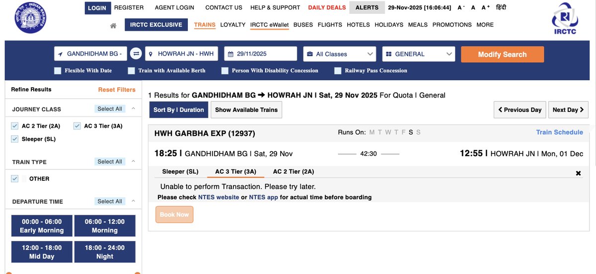 ayan7926's tweet image. @RailMinIndia @WesternRly @drmadiwr @IRCTCofficial  @RailwaySeva Maybe there is some issue in charting of 12937 - 29/11 from GIMB. Not visible in Online charting and thrown error in current booking. Take help from @amofficialCRIS to sort it out.  #IndianRailways #CRIS #IRCTC