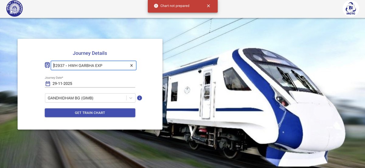 ayan7926's tweet image. @RailMinIndia @WesternRly @drmadiwr @IRCTCofficial  @RailwaySeva Maybe there is some issue in charting of 12937 - 29/11 from GIMB. Not visible in Online charting and thrown error in current booking. Take help from @amofficialCRIS to sort it out.  #IndianRailways #CRIS #IRCTC