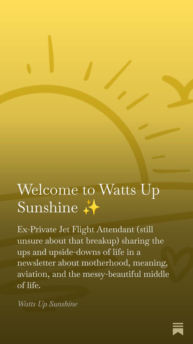 wattsupsunshine's tweet photo. Just launched my new Substack: Watts Up Sunshine ✨

Stories from life in the air, motherhood, moving across the world, and finding home again.

If you’re craving a newsletter that feels like sunlight breaking through the clouds…
Subscribe 💛👇
 https://t.co/fx4zVAJqSj https://t.co/i3W3rmEILP