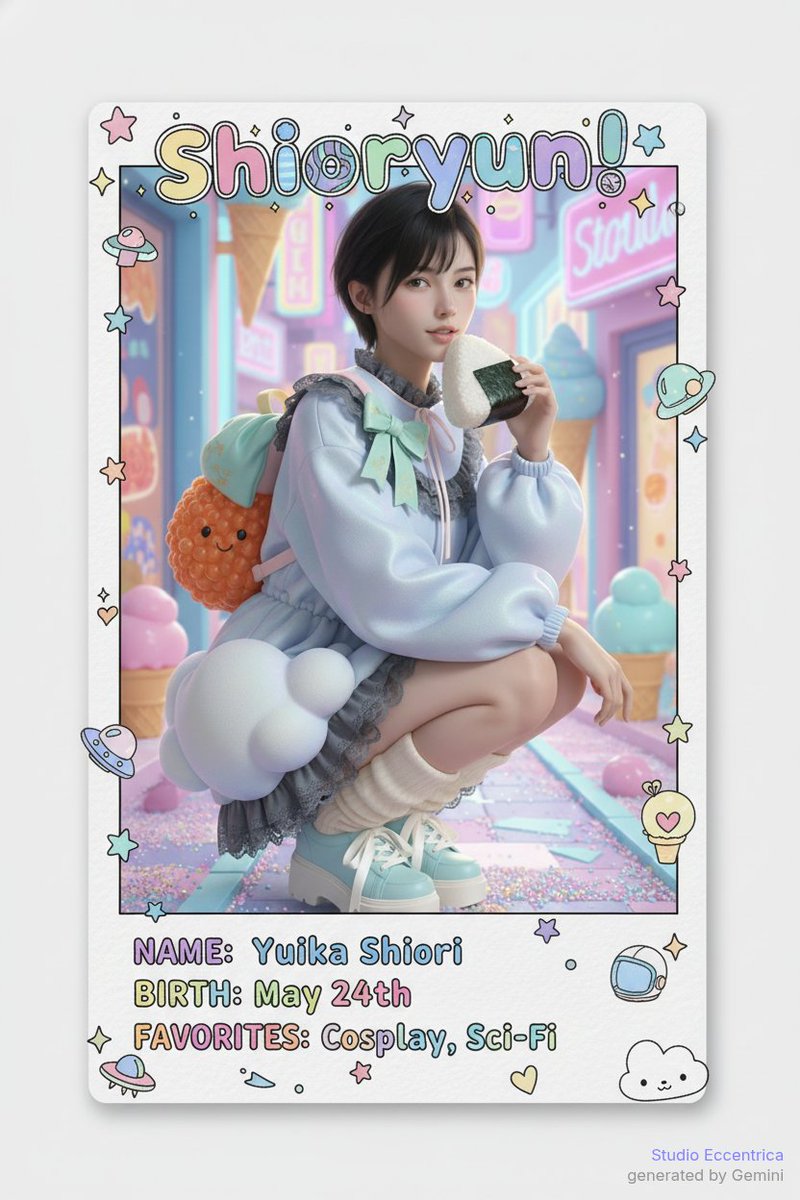 プロフィールカード。  #しおりゅん

nano banana(proじゃなくてOK)のプロンプトは↓
()内は適当に変更してくださいね。

[nano banana prompt]
Based on the following profile, please design a cute profile card for an idol. Submit only the image as the result.
Regarding the card design: