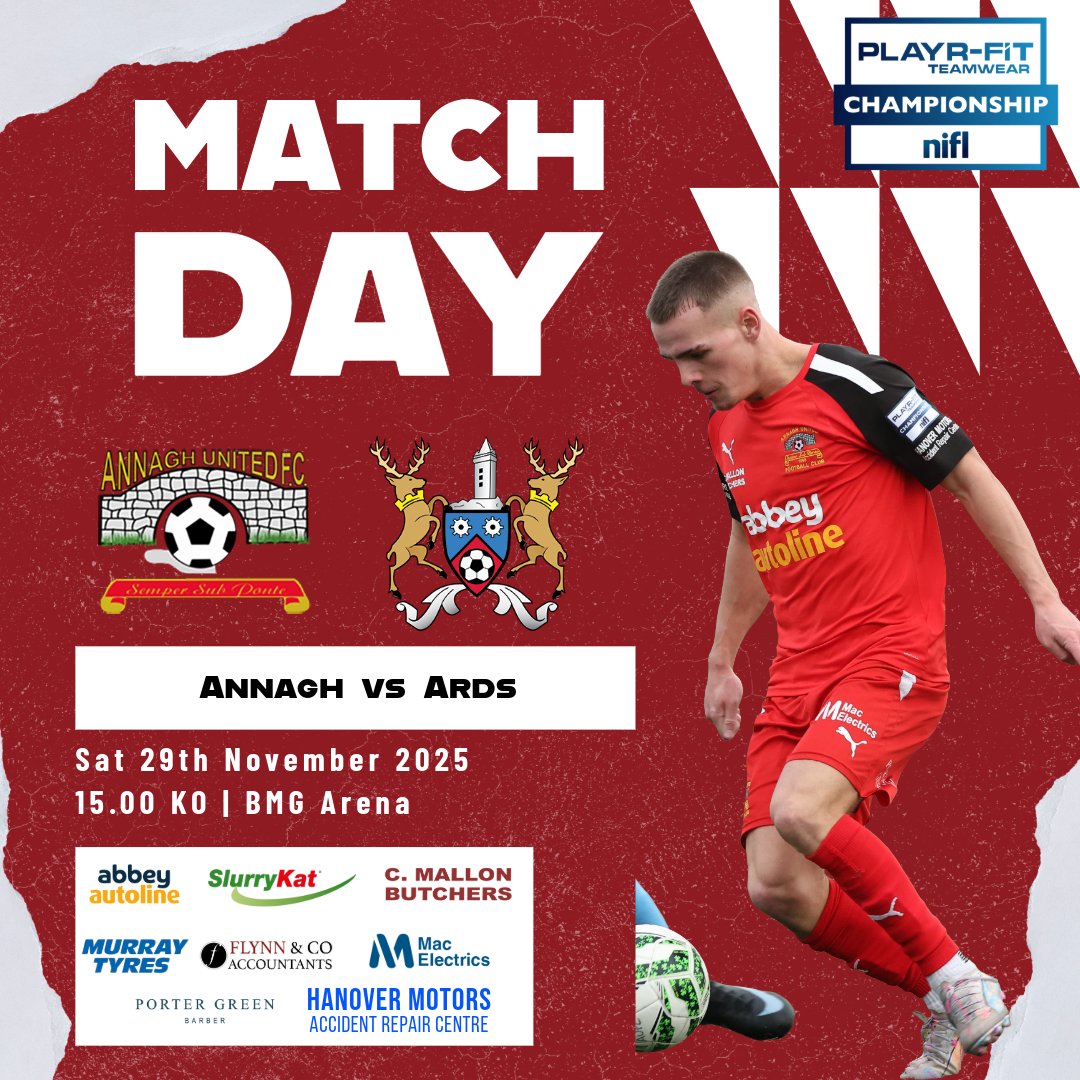 ⚽ 𝗠𝗔𝗧𝗖𝗛𝗗𝗔𝗬 ⚽

We host Ards this afternoon in Game 1️⃣8️⃣ of the #PlayrFitChamp 🔴🔵

🏆 NIFL Championship
⚽ <a href="/ArdsFC1900/">Ards Football Club</a>
📅 29/11/25
🏟️ BMG Arena
⏰ 15.00 KO
🎟️ £10 / £7 conc.

🔴⚪⚽