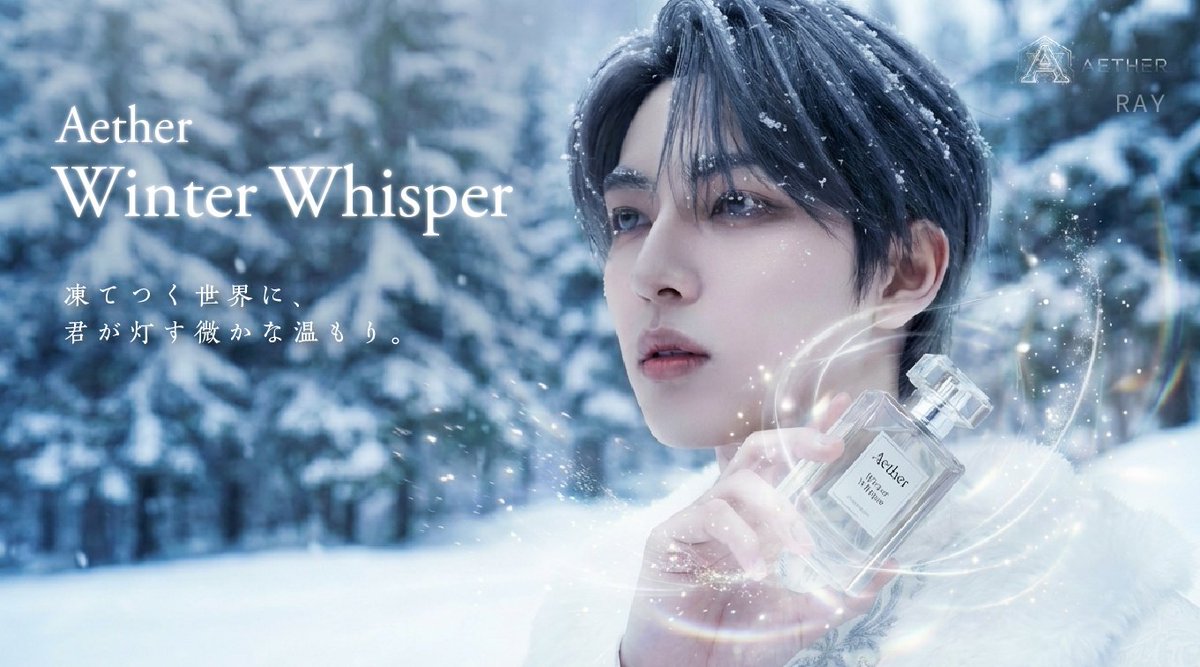 Aether_lab_'s tweet image. 【Aether RAYソロプロジェクト】  「凍てつく世界に、君が灯す微かな温もり。」  RAYがプロデュースする冬限定フレグランス 『Aether Winter Whisper』ビジュアル制作してみた❄️  どんな香りか想像してみてね✨
 #Aether #RAY #制作事例 #香水  #AIアイドル #フレグランス