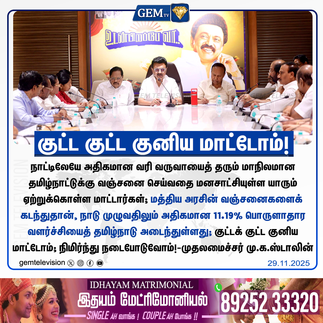 GemTv7's tweet image. குட்ட குட்ட குனிய மாட்டோம்!

#MKStalin #TNGovt #FinancialAutonomy #TamilNadu #StateRights #EconomicGrowthTN #Federalism #11Point19Percent #RevenueSharing #PoliticalDebate #StalinSpeech #DravidianModel #gemtv
