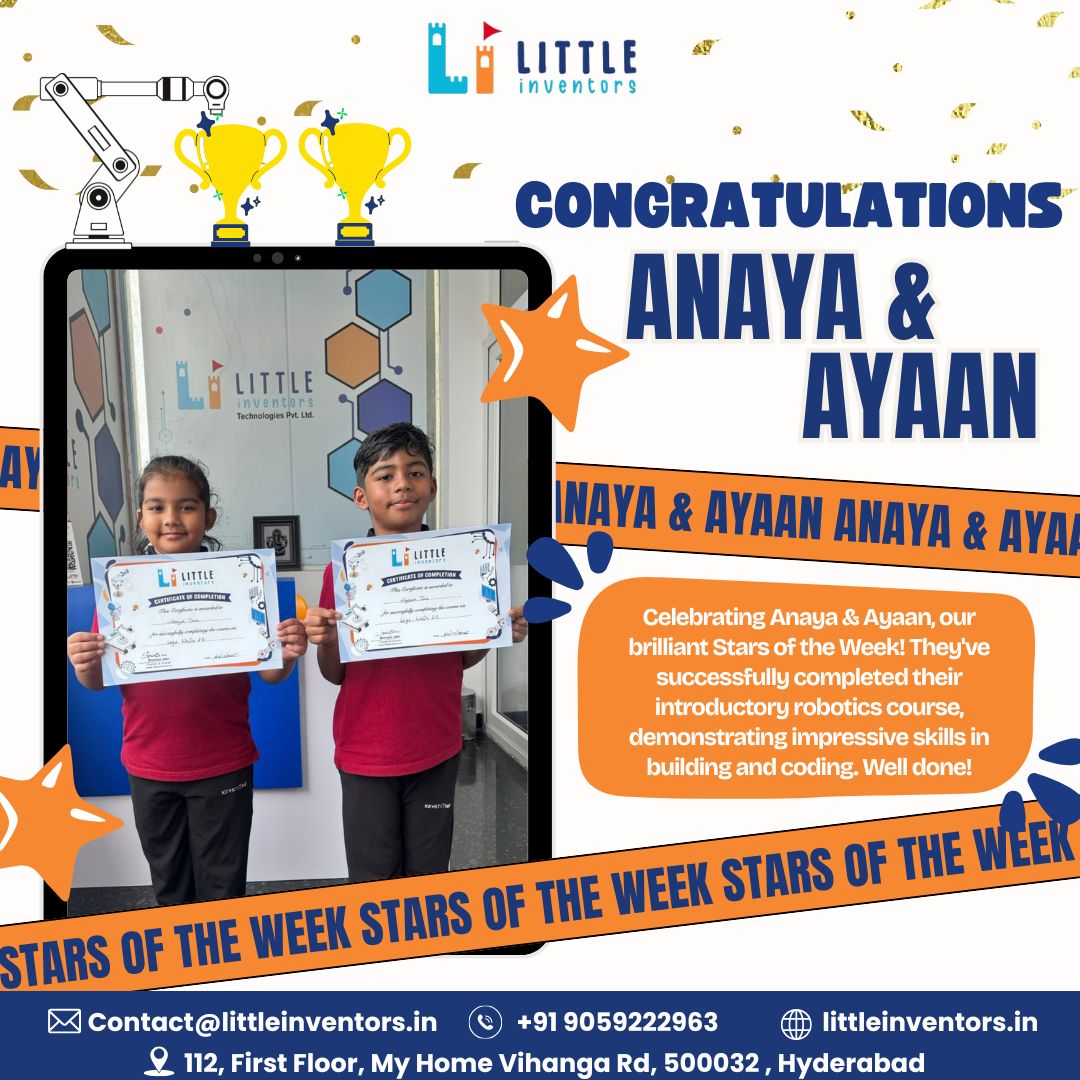 LittleInvento's tweet image. 🌟 DOUBLE THE STAR POWER! 🌟
Huge congrats to our Stars of the Week, Anaya &amp;amp; Ayaan! 🏆🏆
They successfully completed their introductory Robotics course, showing incredible skills in building and coding. Keep inventing! 🤖
#StarsOfTheWeek #Robotics #CodingKids #LittleInventors